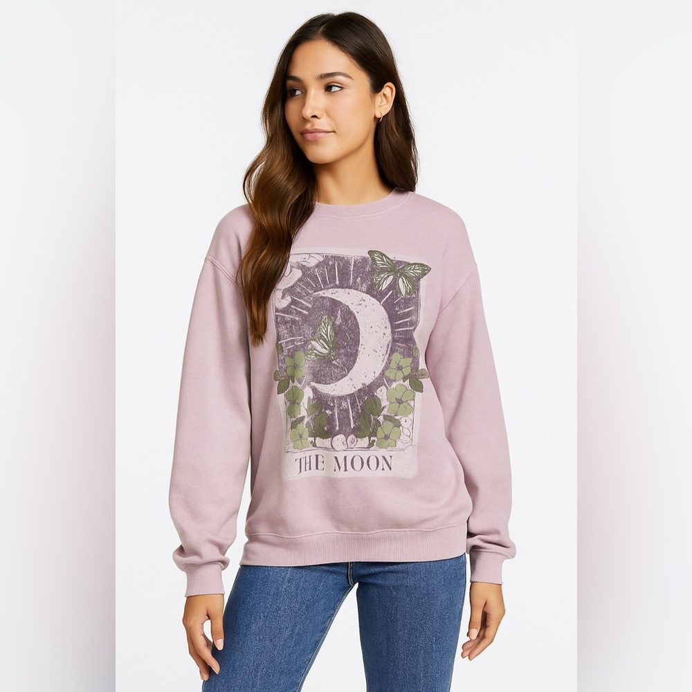Mighty Fine The Moon Graphic Oversized Crewneck Sweatshirt Lavender Medium NEW